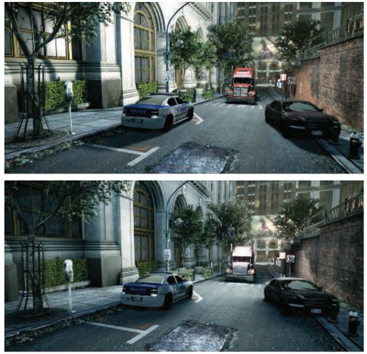 图7.33：第一行图片是使用基本的软阴影近似技术生成的。第二行图片展示了基于体素的面光源阴影效果，它是在一个体素化的场景中，使用锥形追踪来生成的。请注意观察两幅图片中汽车的漫反射阴影。第二行图片中的光照效果还可以随着一天中时间的变化而变化。 [865]