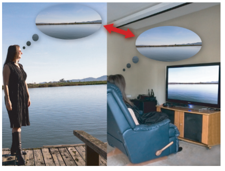 图8.14：图像再现的目标是确保由再现图像（右）所引起的感知印象，尽可能地和原始场景（左图）所引起的感知印象相接近。