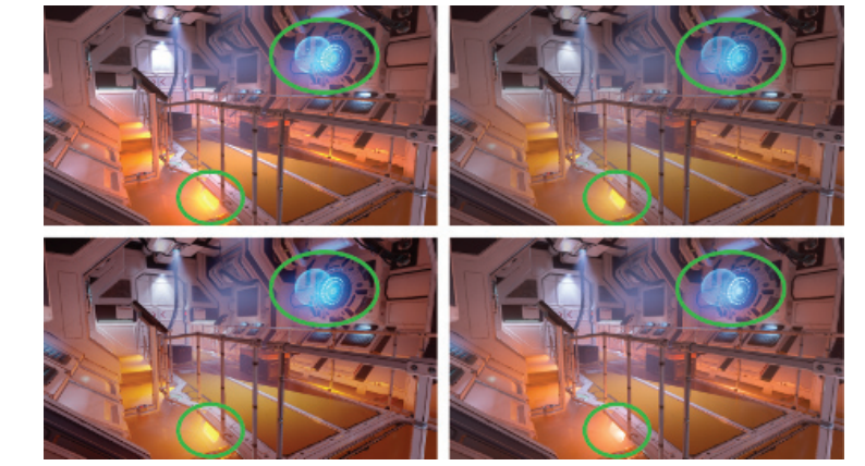 图8.15：同一个场景使用了四种不同的色调变换。这些结果的差异主要体现在图中的绿色圆圈区域，因为那里的场景像素值特别高。左上角：直接裁剪（同时使用了sRGB OETF）；右上角：Reinhard方法 [1478] ；左下角：Duiker方法 [392] ；右下角：寒霜方法（保持色相的版本） [497] 。Reinhard，Duiker和寒霜的变换，都可以保留因裁剪而丢失的高光信息。然而，Reinhard曲线倾向于降低图像中较暗部分的饱和度 [628, 629] ，而Duiker变换则增加了较暗区域的饱和度，后者有时会被认为是更好的特性 [630] 。通过一些特殊设计，寒霜变换保持了饱和度和色相，避免了强烈的色相偏移，请仔细观察其他三张图片左下角的圆圈区域。