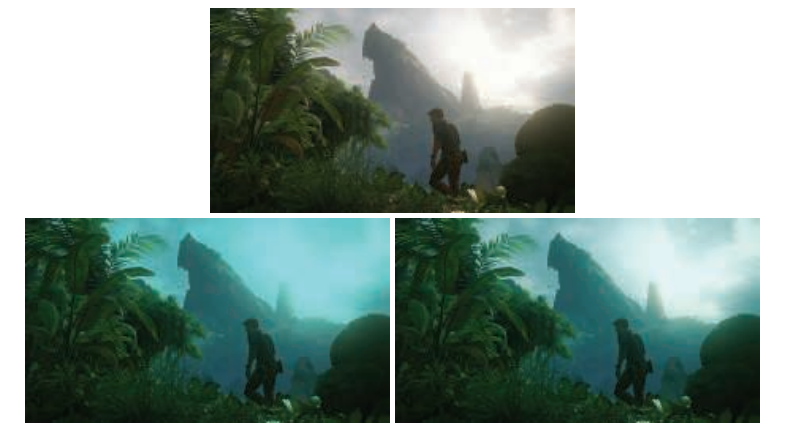 图8.16：游戏《神秘海域4》中的场景画面。最上面的截图没有使用颜色分级，下面两个截图各自应用了一个颜色分级操作。为了便于说明，我们选择了一个极端的颜色分级操作（将原始图像乘以一个高饱和度的青色）。在左下角的截图中，将颜色分级应用在了显示参考图像上（即色调映射之后）；而在右下角的截图中，将颜色分级应用在了场景参考图像上（即色调映射之前）。