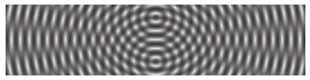 图9.4：图中展示了两个单色光，它们以相同的频率从两个点源进行传播。两个波在空间的不同位置上，会发生相长干涉和相消干涉。
