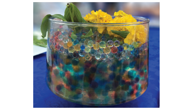 图9.11：玻璃杯里有很多装饰珠子，它的折射率与水的折射率是一样的。在水面以上，由于珠子的折射率与空气的折射率不同，因此有一个明显可见的表面。在水面以下，由于珠子表面两侧的折射率是相同的，因此这些表面是不可见的。由于这些珠子会吸收特定波长的光，因此我们能够看到这些珠子本身，并且它们会表现出不同的颜色。