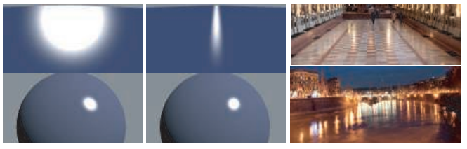 图9.35：最左边的图像是使用非物理的Phong反射模型渲染而来的，这个模型的镜面波瓣关于光线的反射向量旋转对称，类似这种的BRDF在早期的计算机图形学中被经常使用。中间的图像使用基于物理的微表面BRDF进行渲染。第一行左侧和第一行中间的图片，展示了一个以掠射角度进行光照的平面，其中第一行左侧展示了一个不正确的圆形高光，而第一行中间展示的是微表面BRDF所特有的延伸高光，这个效果是与现实相符的，如右边的照片所示。高光形状的差异在下面两个渲染球体上则要不易察觉得多，因为在这种球面的情况下，表面曲率才是是高光形状的主要影响因素。