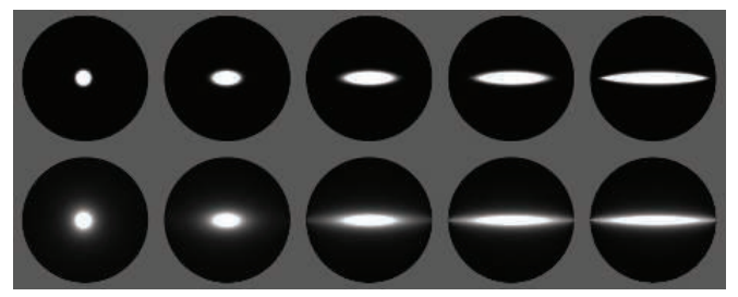 图9.38：利用各向异性NDF渲染的球体，其中第一行使用的是Beckmann NDF，第二行使用的是GGX NDF。在这两行中，粗糙度参数 \alpha_{y} 保持不变， \alpha_{x} 从左到右递增。