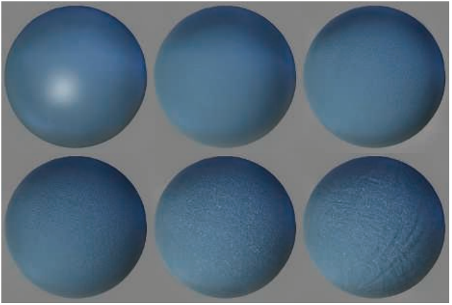 图9.42：一种使用《神秘海域4》布料系统的材质。左上方的球体使用了标准的BRDF，它具有GGX微表面镜面反射和Lambertian漫反射。上部中间的球体使用了纤维织物的BRDF。其他每个球体上都添加了不同类型的逐像素变化，从左上到右下分别是：织物编织细节，织物老化程度，细节瑕疵和小皱纹。