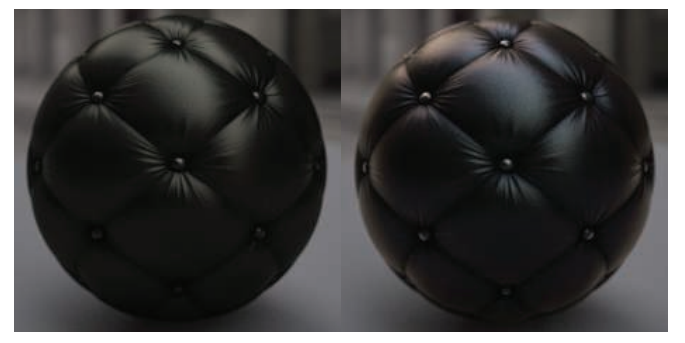 图9.47：左侧的皮革材质没有薄膜干涉，右侧的皮革材质有薄膜干涉。由薄膜干涉所引起的高光变色，增强了图像的真实感。 [27]