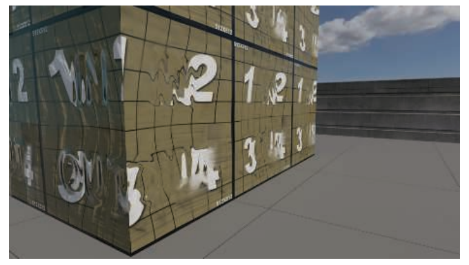 图9.48：图中的测试表面展示了《使命召唤：无限战争》中多层材质系统的各种功能，虽然每立方体的表面仅由两个三角形构成，但是依然可以模拟出具有扭曲和散射的复杂几何表面。