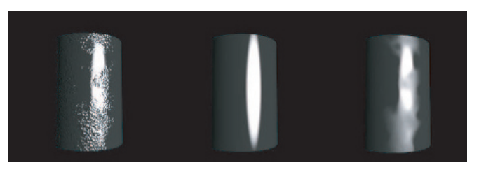 图9.49：左侧：圆柱体使用原始的法线贴图进行渲染。中间：使用了一个分辨率低得多的法线贴图进行渲染，这个法线贴图中包含了平均化和重新归一化的法线，如 图9.50 左下角所示。右侧：圆柱体以相同的低分辨率法线贴图进行渲染，但同时使用了法线和光泽度值合适的理想NDF，如 图9.50 右下角所示。右图明显更好地再现了原貌，而且这个表面在低分辨率下渲染时也不容易出现瑕疵。