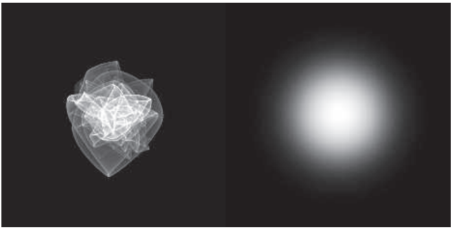 图9.51：左侧是随机凹凸表面上的一小块区域（包含几十个凸起）的NDF，右边则是一个大致具有相同宽度的Beckmann NDF波瓣。